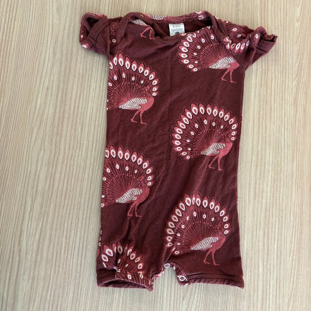 Kate Quinn Peacock Print Romper 3-6 Months Brown Short Sleeve Bamboo Viscose